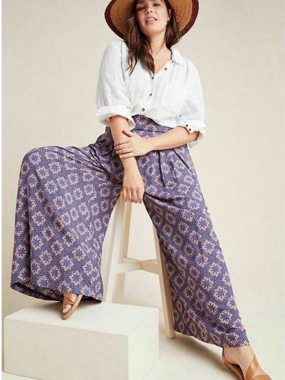 Maeve Anthropologie Purple Boho Wide Leg Viscose Flowy Pants Medallion Print 2